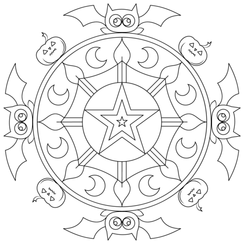 Coloring mandala with bats and pumpkins